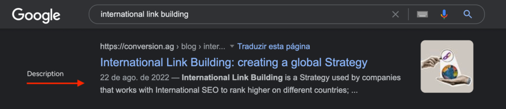 Print screen from Google pointing Description element on Search Snippet.