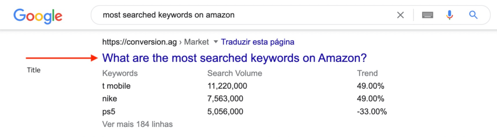 Print screen from Google pointing Title element on Search Snippet.